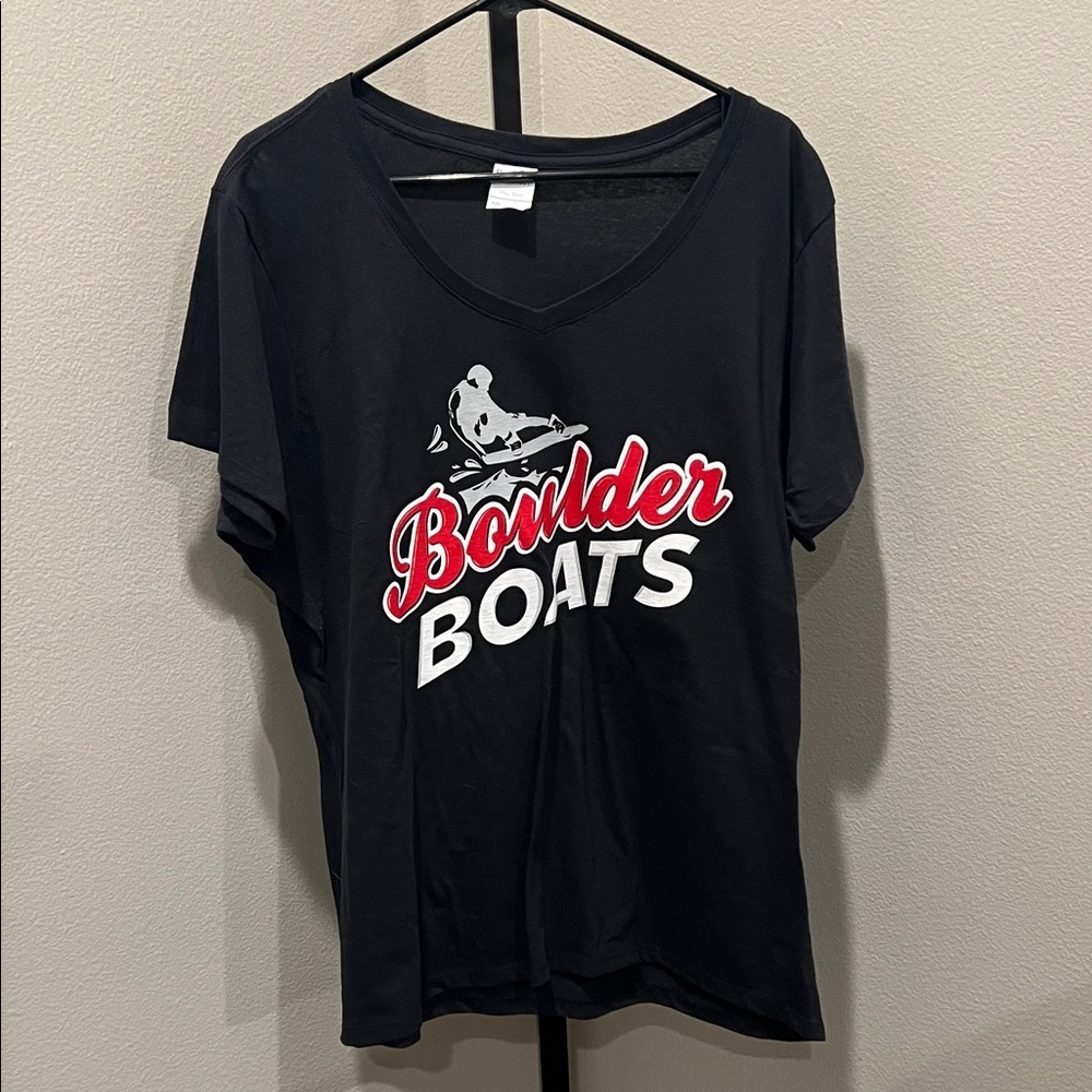 Port and Company Black Tee with Red and White Print NWOT